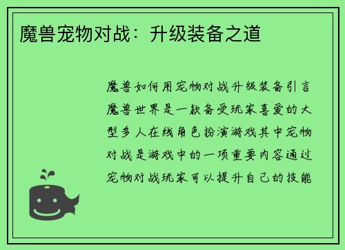 魔兽宠物对战：升级装备之道